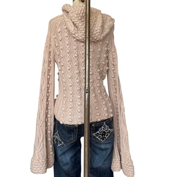 Y2K Chunky Sweater Large Fairy Hooded Fisherman Bell Sleeve Gilmore Malandrino - Picture 3 of 6